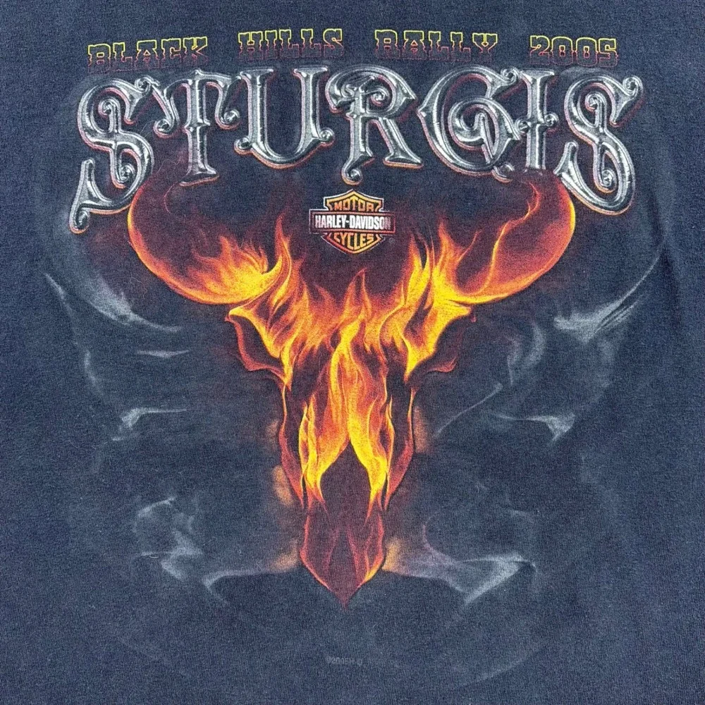 Harley-Davidson Shirt Mens Large Black 2005 Sturgis Black Hills Rally Bull Flame - Picture 2 of 8